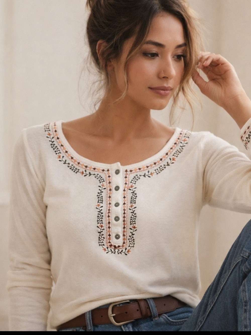 Lucky Brand Embroidered Thermal Top XS Boho Henley Long Sleeve White